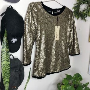 Darling NWT Gold Sequins Velvet Trim Blouse